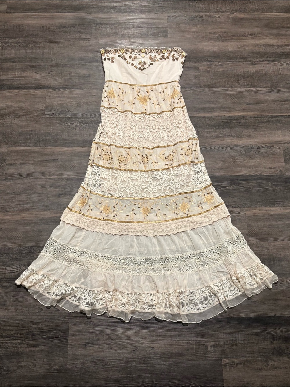 Strapless Ivory and Gold Boho Maxi Dress